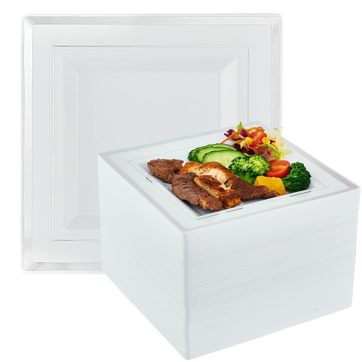 Vplus 100 Pack 10 in Gold Rimmed White Disposable Plastic Plates for Party