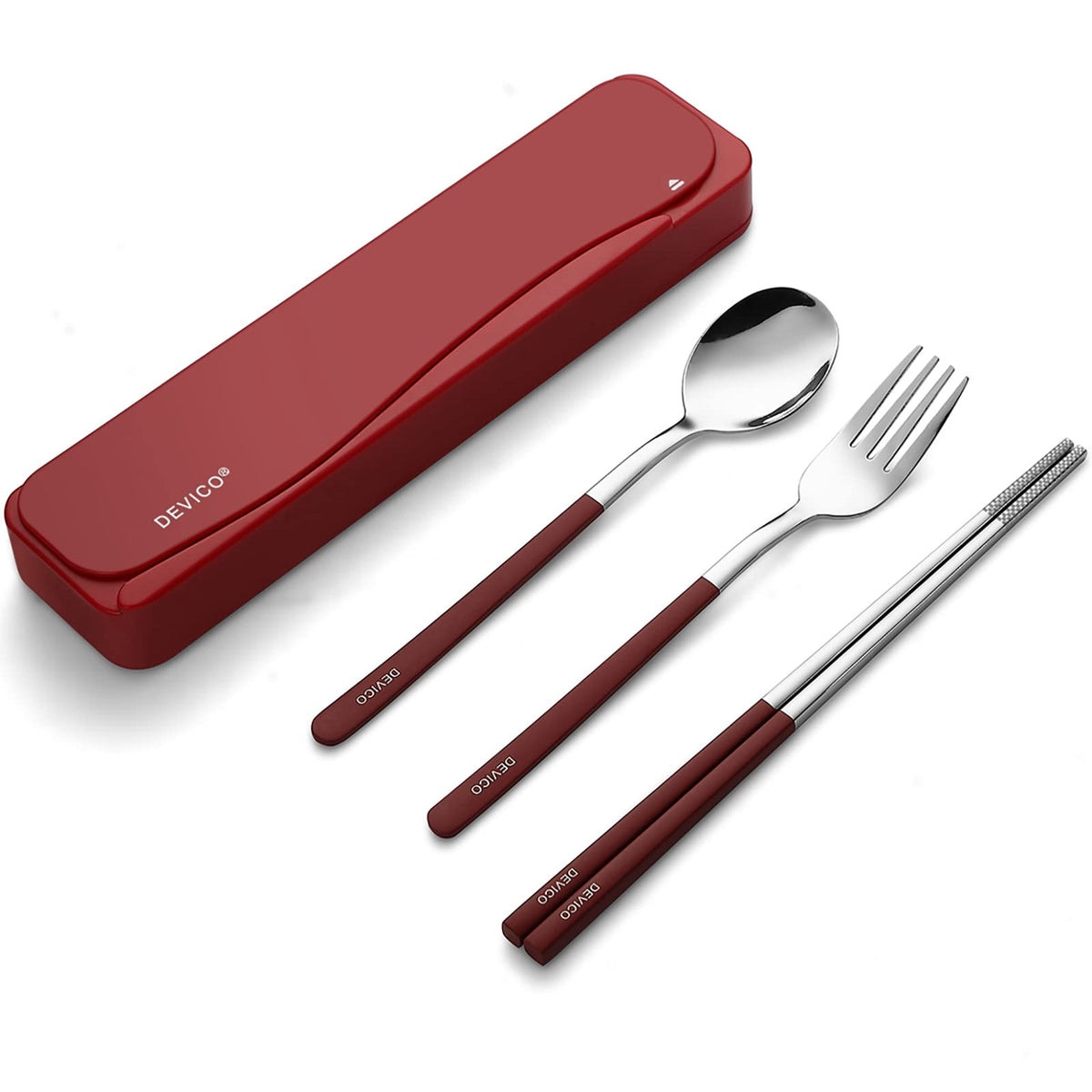 DEVICO Travel Utensils with Case, 4Pcs Portable Silverware Set for Work, 18/8 Stainless Steel Reusable Cutlery, Korean Spoon and Chopsticks Fork for Camping, School, Lunch Box Accessories (Black)