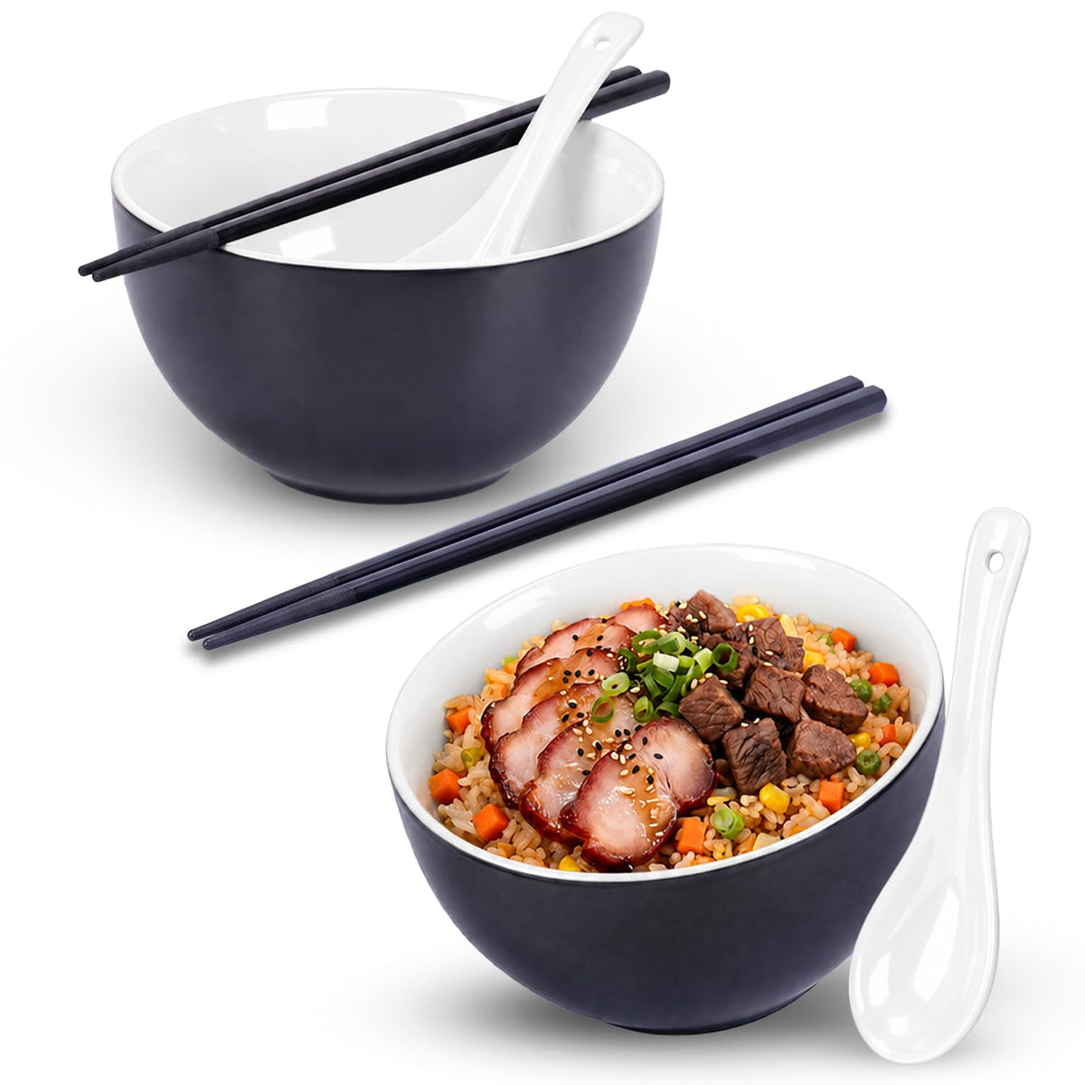 Rice Bowl Set of 2 with Chopsticks and Spoons, 5.4" Black and Green, 25 oz