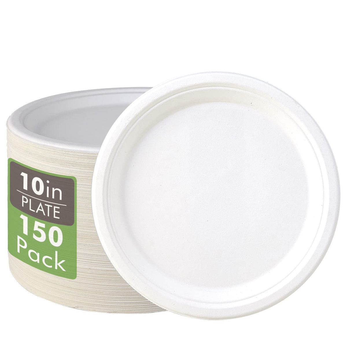 Vplus 150 Pack Compostable Bagasse Paper Plates 10.25 inch, Nature