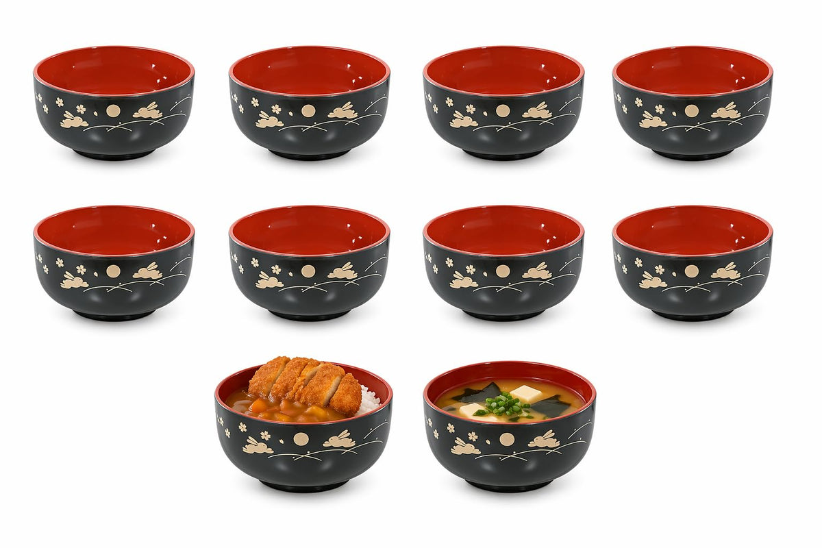 JapanBargain 2989 Japanese Plastic Soup Bowls, Bunny and Moon Pattern, 4.25-Inch Rice & Cereal Bowls, Lacquer Finish, Made in Japan, 4 Pack