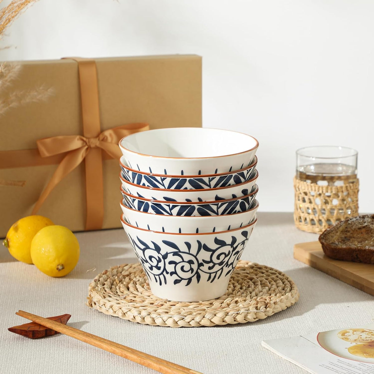 Rice Bowls,14oz Ceramic Bowl Set for 6,Miso Soup Bowls,Cute Bowls,Serving Bowls for Soup,Dessert,Snack,Fruit (Blue&White