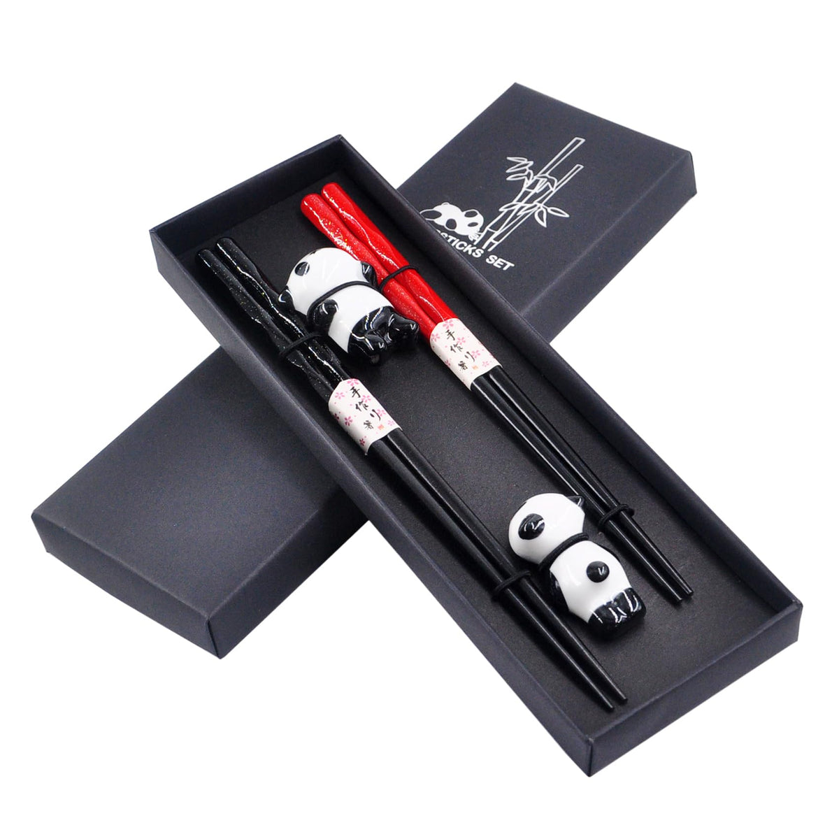Wooden Japanese Chopsticks Reusable with Ceramic Panda Holders 2 Pair