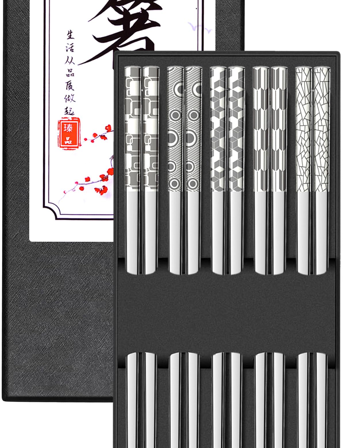 Metal Chopsticks Reusable 18/8 Stainless Steel Sleek Engraving Patterns Chop Sticks Reusable Dishwasher Safe Non-Slip Chopsticks+Flower Silver 5 Pairs