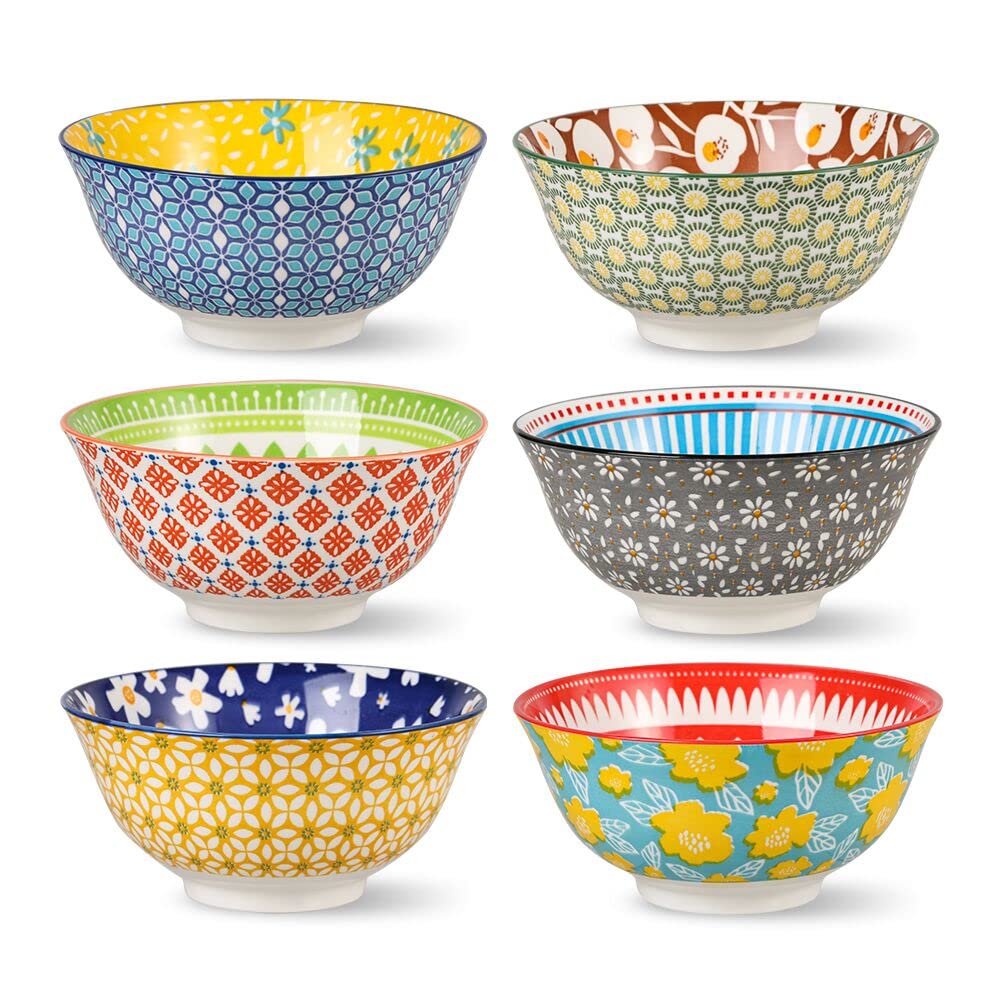 Ceramic Bowl Set Small Bowls - 6 Little Porcelain Dessert Bowls Set - 10 oz for Rice | Soup | Snack | Side Dishes | Yogurt | Ice Cream - Coloful Cute Dish Set - Microwave | Dishwasher Safe - 4.75 Inch