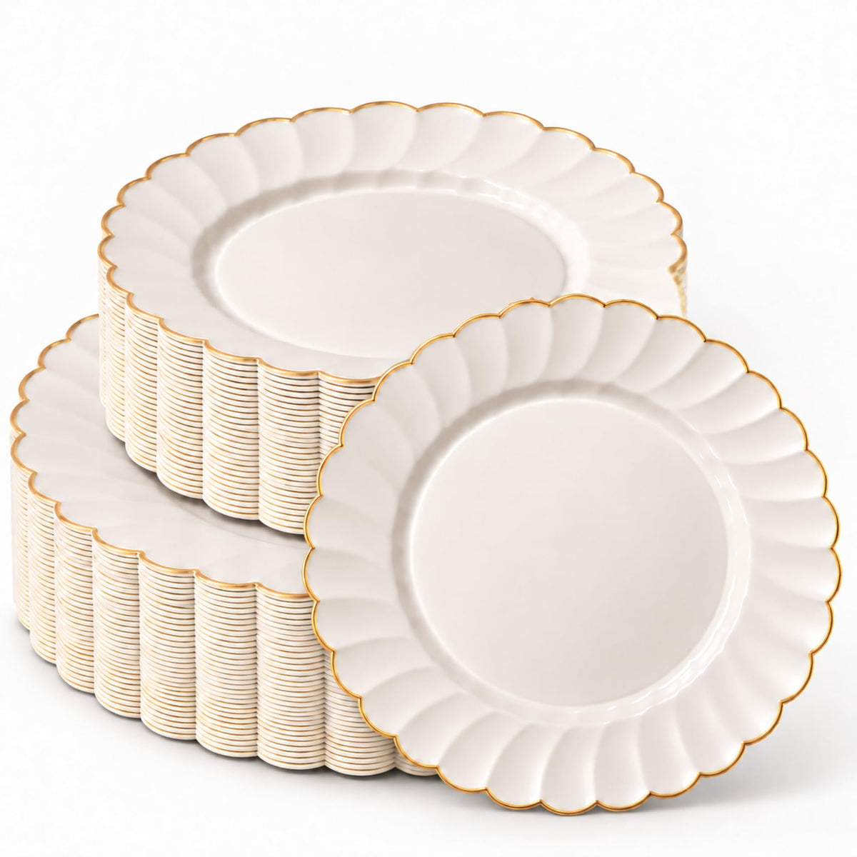By Madee HEAVYWEIGHT Ivory Gold Scalloped Disposable Plates for Party 60 Pc