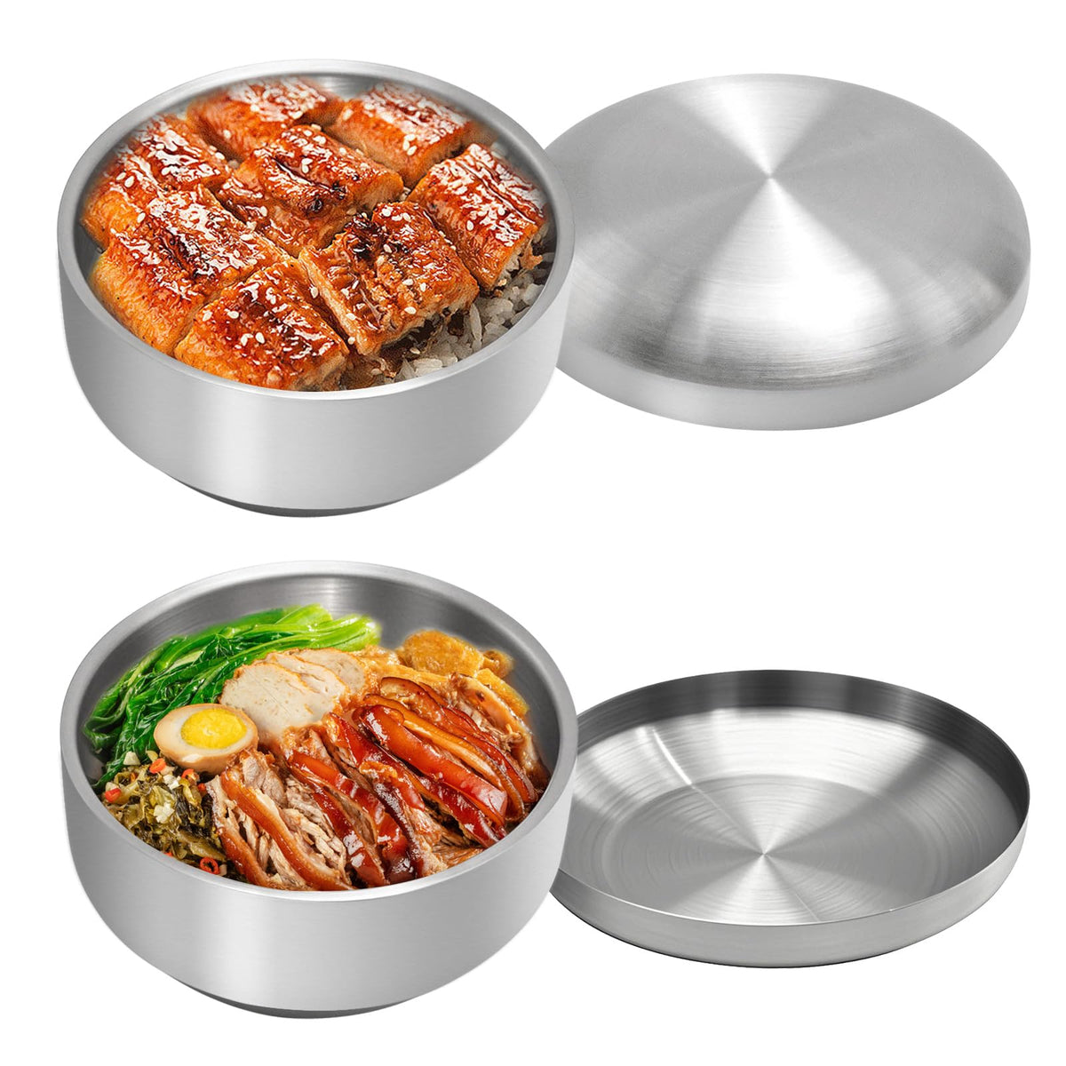 Stainless Steel Rice Bowl with Lid, Set of 2, for Korean Kitchen Restaurant, Double-walled Metal Bowls, Multi-Purpose Insulated Soup Bowls Snacks Bowls (11.5cm Silver)