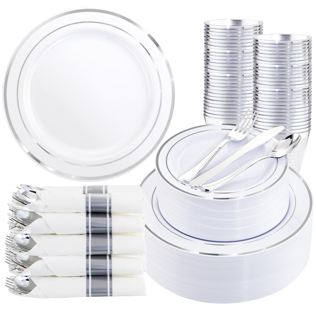 WDF Partyware 350Piece Gold Dinnerware Set for 50 Guests - Gold Plastic Plates with Disposable Cutlery - 50Dinner Plates-50Dessert Plates-50Pre Rolled Napkins with Silverware for Wedding/Birthday