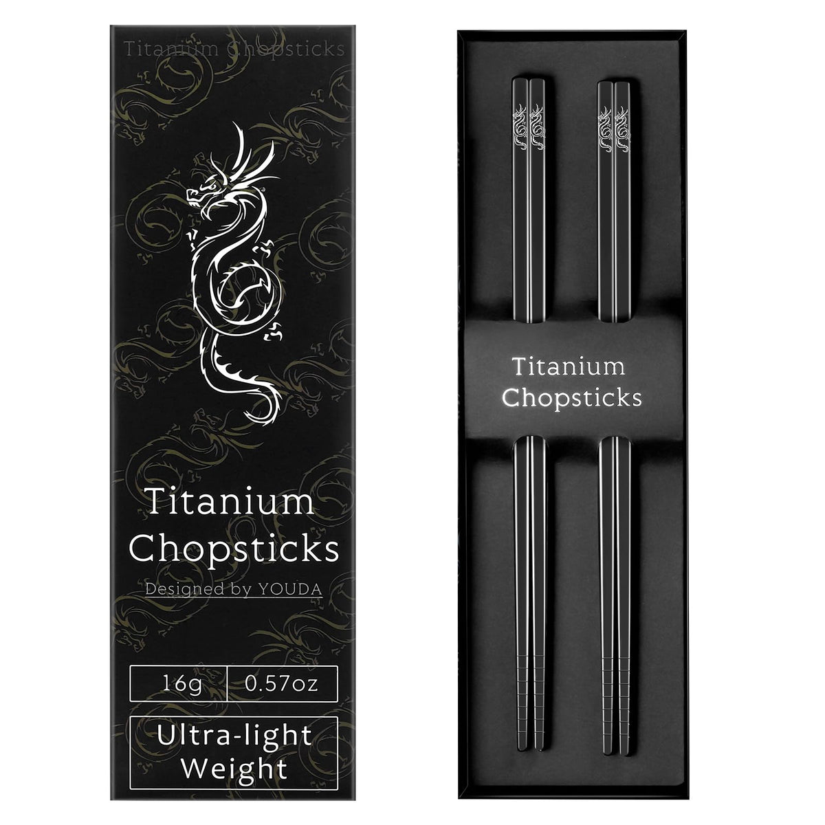 Youda 99.8% Pure TITANIUM Chopsticks 1 Pairs with Black Carrying Case Ultralight and Reusable Chopsticks for Camping, Home, Travel