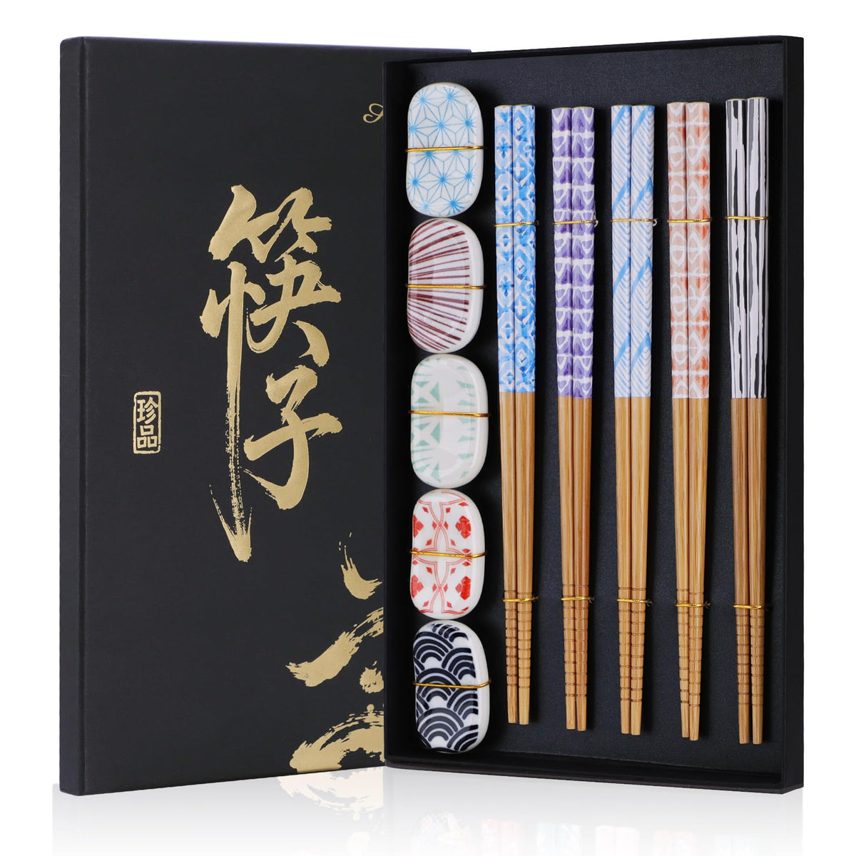Antner 5 Pairs Reusable Bamboo Chopsticks with Ceramic Rests, 8.8 Inch Japanese Style Chop Sticks with Chopstick Holders for Sushi Ramen Asian Cuisine, Elegant Black Gift Box for Home or Gift Giving