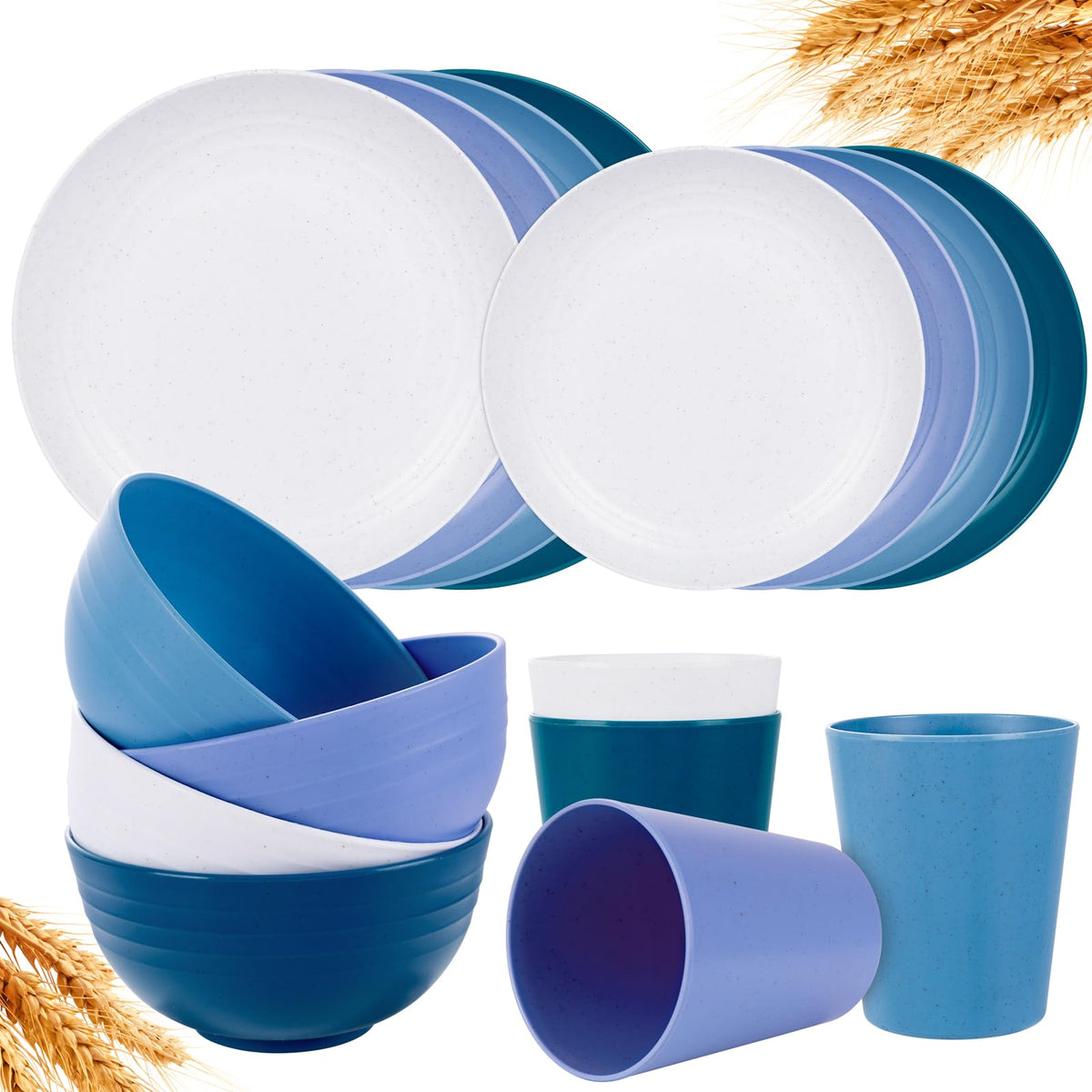 Rubtlamp Wheat Straw Dinnerware Sets, 16PCS Plastic Dinnerware Set for 4, Wheat Straw Plates and Bowls Sets, Unbreakable Dinnerware Plastic Microwave Safe Dishes Set for Kitchen&Camping