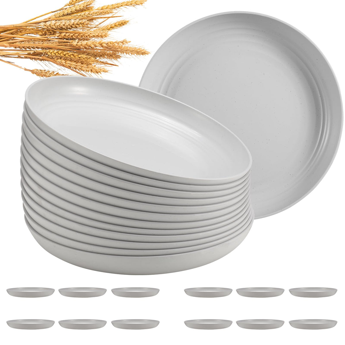 HEYCOME 12 Pcs Unbreakable Deep Dinner Plates Set, 10 inch Reusable Plastic Wheat Straw Plates, Microwave and Dishwasher Safe Plate for Kitchen, Lightweight Plate for Dessert, BPA Free, 6 Colors