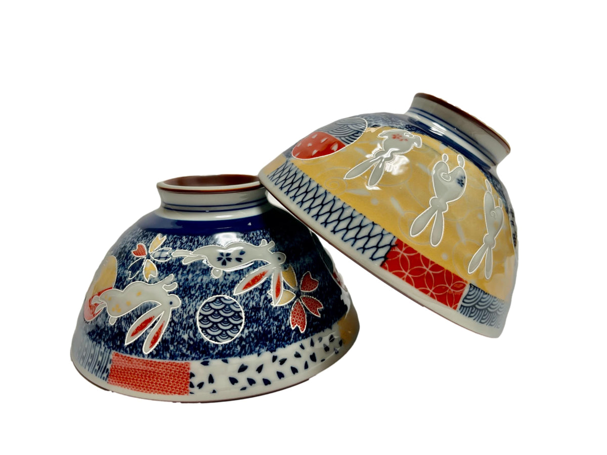 Japanese Mino Ware Ceramic Rice Bowl Set, 4.84 Inches Diameter x H2.56 Inches, 13.3 Fluid Ounces Set of 2 from Japan (Rabbits and Flowers Design)