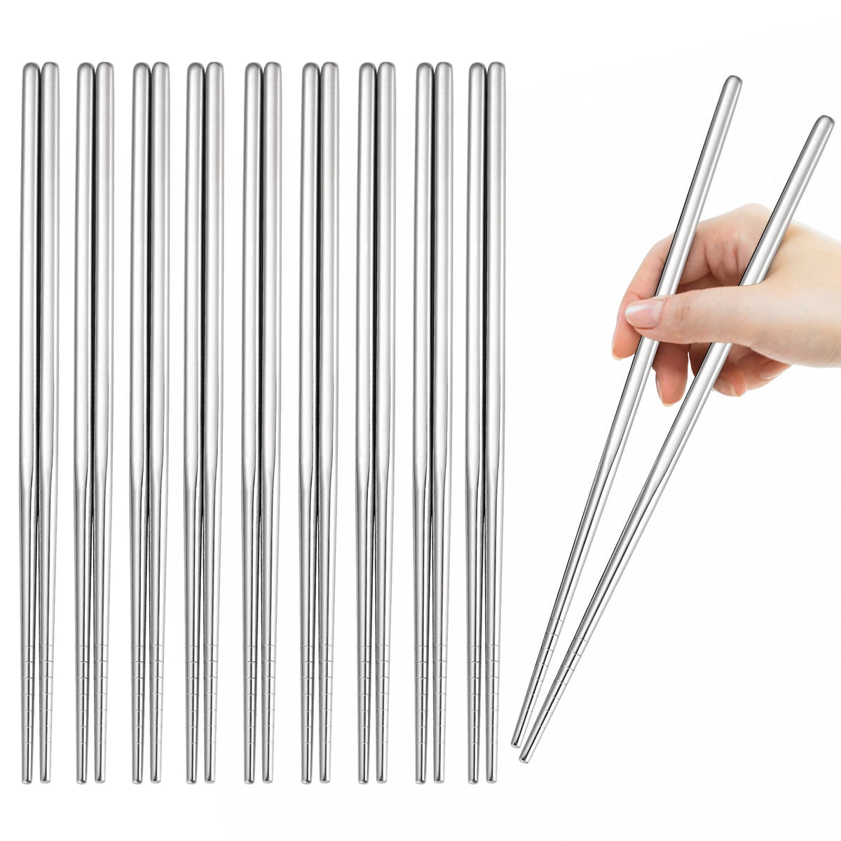 10 Pairs Rose Gold Chopsticks Set Stainless Steel 304 Reusable Non-slip Line Design Metal Chop Sticks for Cooking and Eating Kitchen Utensils Dishwasher Safe Tableware Gift Set