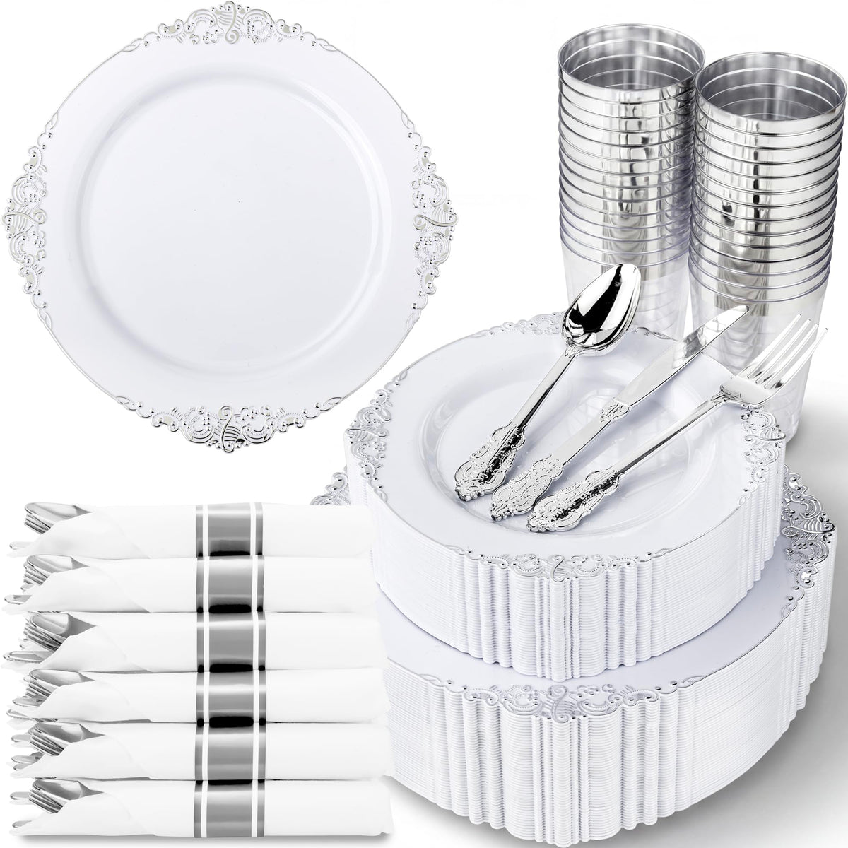 Nervure 350Pcs Gold Plastic Plates, Disposable Dinnerware Set for 50 Guests