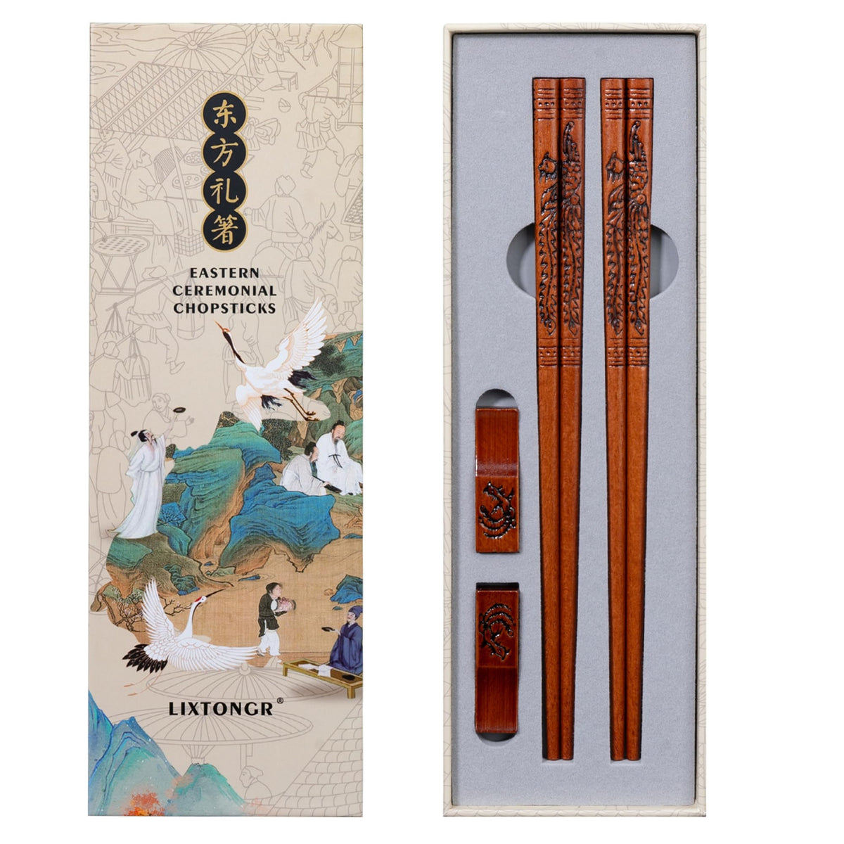 Dragon & Phoenix Beech Wood Chopsticks Set, 2 Pairs