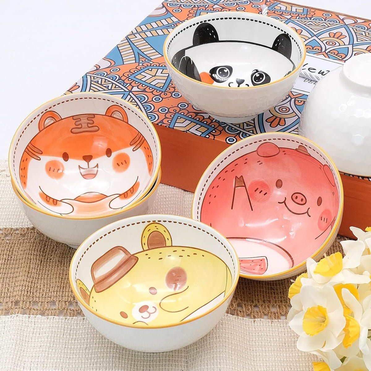 6 PCS Ceramic Rice Bowls, Cute Cartoon Small Dessert Bowl, Cereal Bowls Serving Bowl Gift Set, for Oatmeal, Ice Cream, Salads, Soups