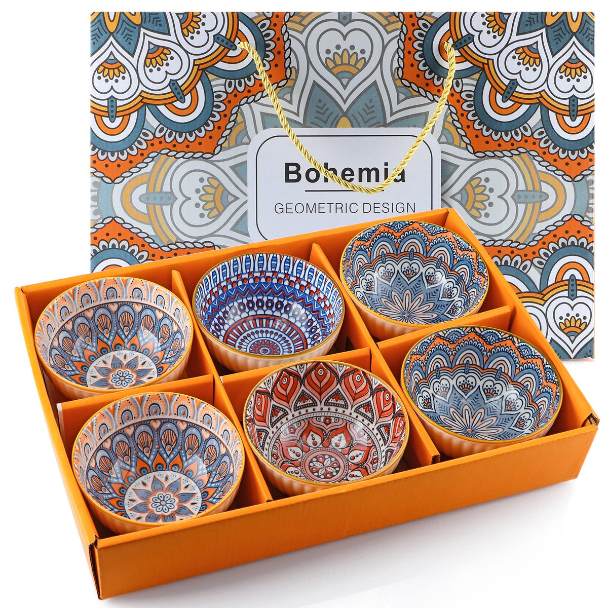 Ceramic Rice Bowls 10 oz, Japanese Style Bowl Gift Set, Assorted Dinnerware Serving Bowls for Cereal, Soup, Dessert, Snack, Fruit, Salsa, Pack of 6 (Blue and White)