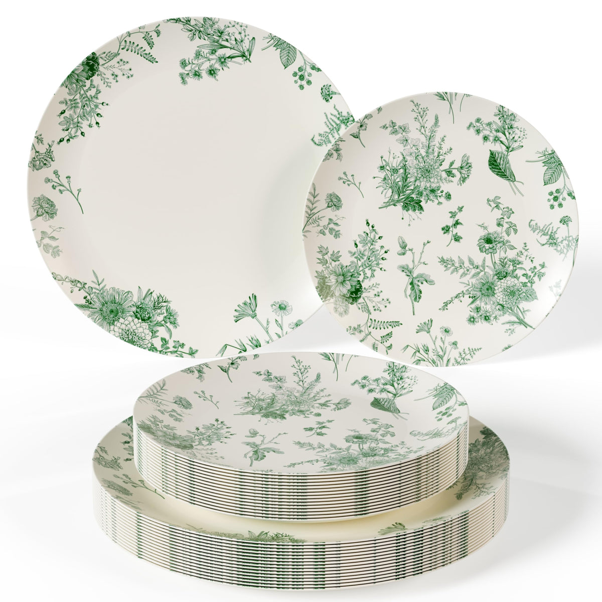 Trendables 80 Piece Plastic Disposable Plates Set for 40 Guests I 40 X 8 Inch Dessert Plates & 40 X 10 Inch Wedding Party Plates | Ivory & Green Verdure Design