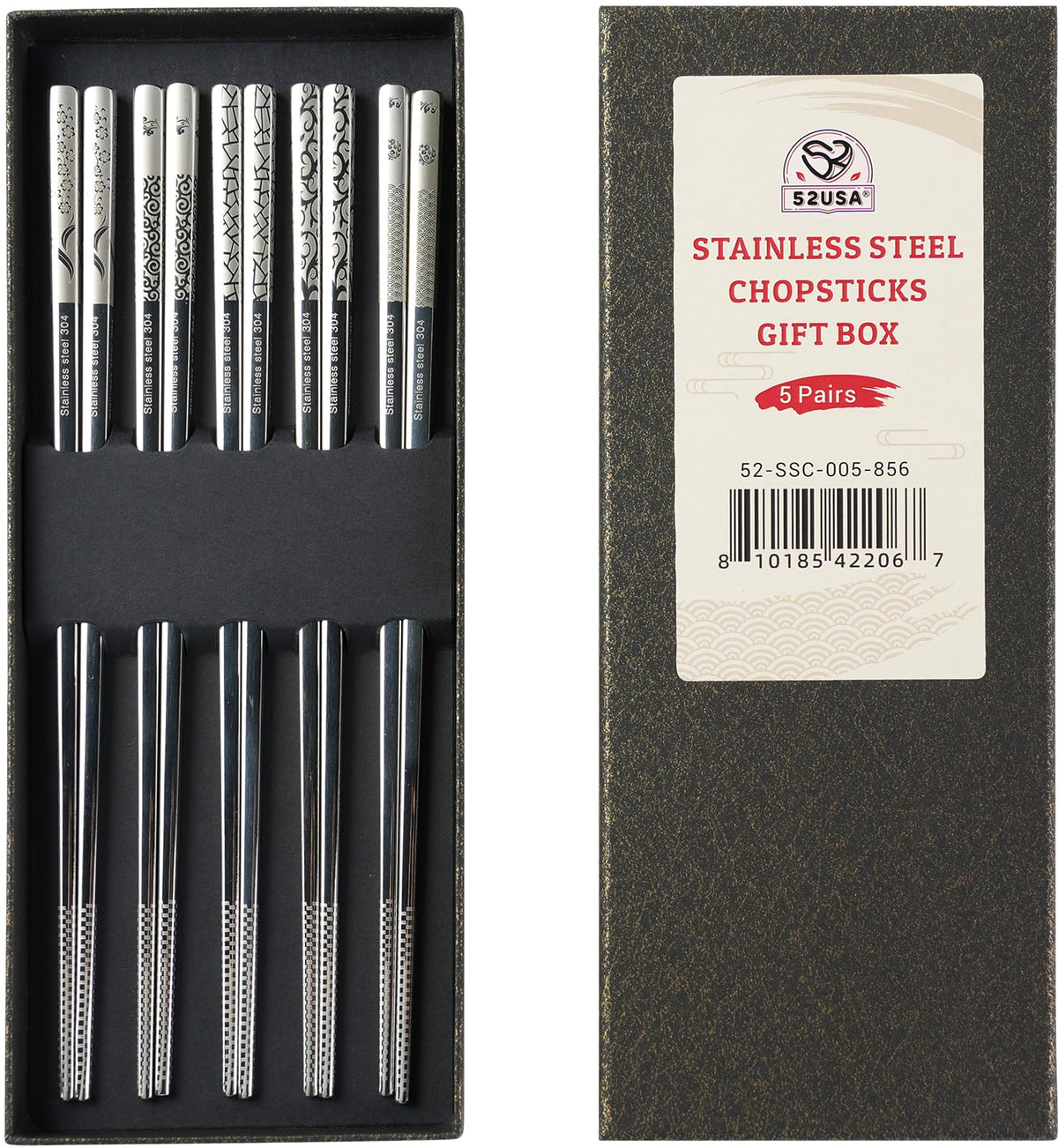 52USA Stainless Steel Chopsticks Gift Box, 5 Pairs – Reusable, Dishwasher Safe, Non-Slip Design, Ideal for Sushi, Noodles, and Everyday Dining