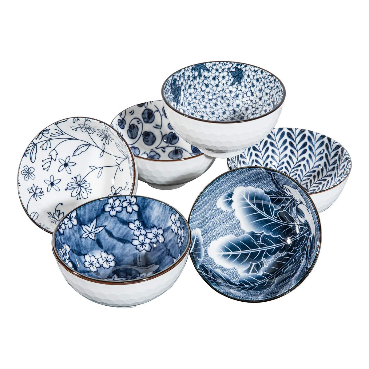 Japanese Style Ceramic Rice Bowls,10 Ounces Small Salad,Soup,Ice Cream Snack Dip Bowl Set of 6,Blue and White Floral Microwave Safe for Kitchen (4.5 inch)