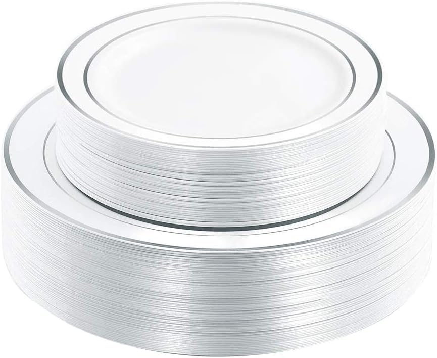 I00000 102 Pcs Silver Plastic Plates, Premium Silver Disposable Plates
