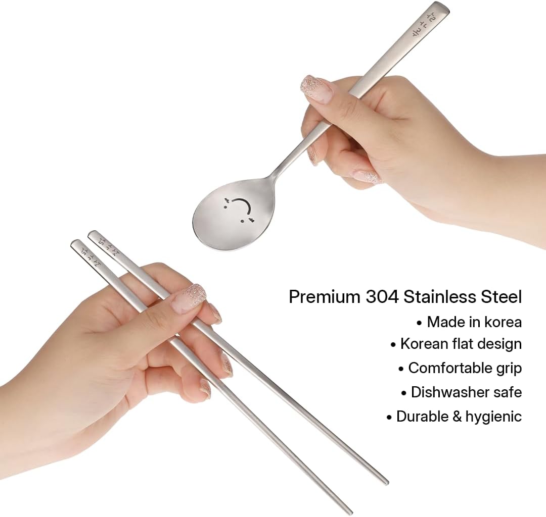 Korean Smile Spoon and Chopsticks Set, Stainless Steel, Hangul Engraved