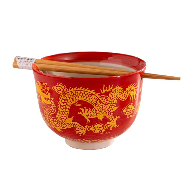 Urban Tokyo Handpainted Ceramic Glazed Japanese Ramen Udon Noodle Rice Bowl With Chopsticks 20 fl oz 5 inch Diameter Bowl Sets Color Box Packaging (Oriental Dragon Black)