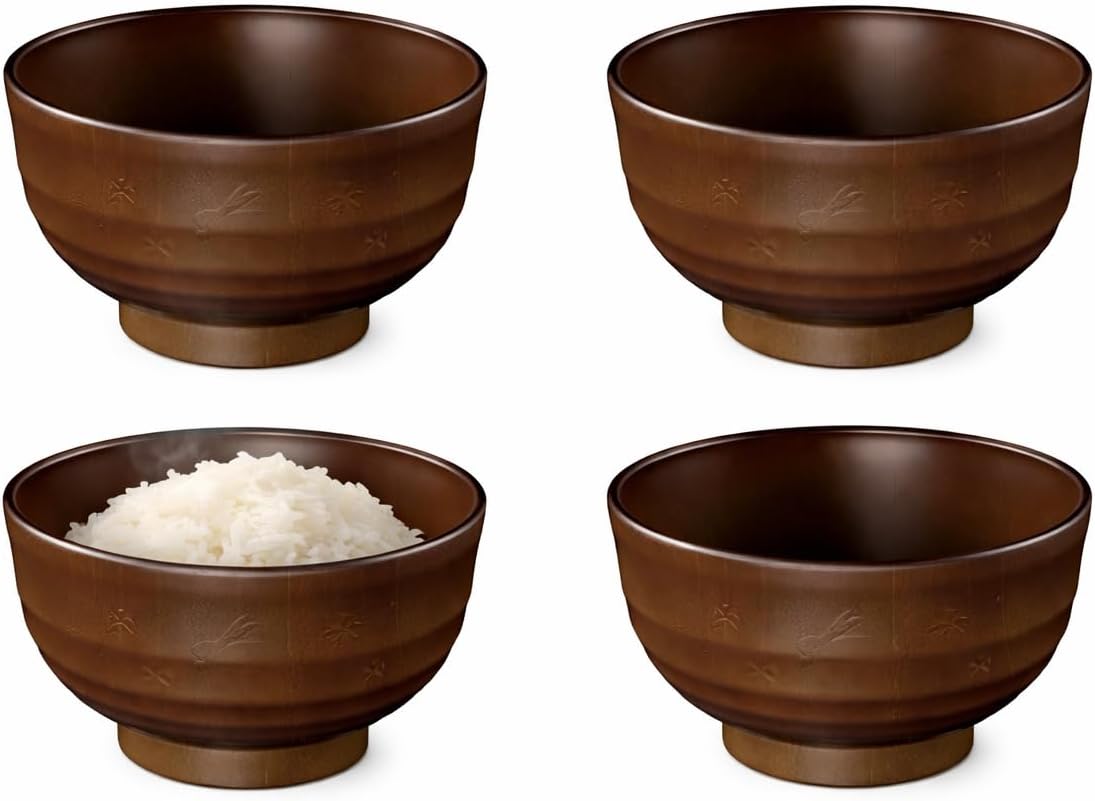 Japanese Soup Bowls Made in Japan, 4-Pack – Traditional Miso & Rice Bowls, Microwave & Dishwasher Safe, BPA-Free Resin, Brown Rabbit