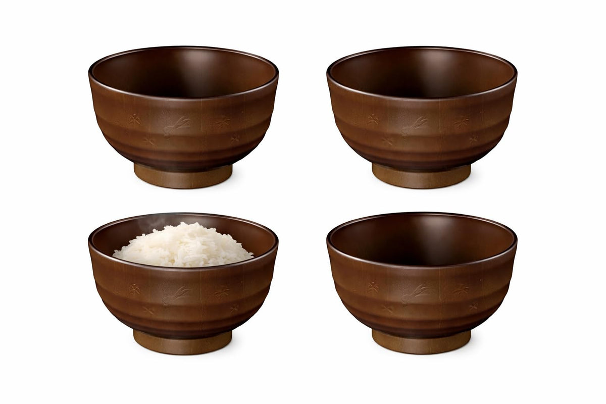 Japanese Soup Bowls Made in Japan, 4-Pack – Traditional Miso & Rice Bowls, Microwave & Dishwasher Safe, BPA-Free Resin, Brown Rabbit