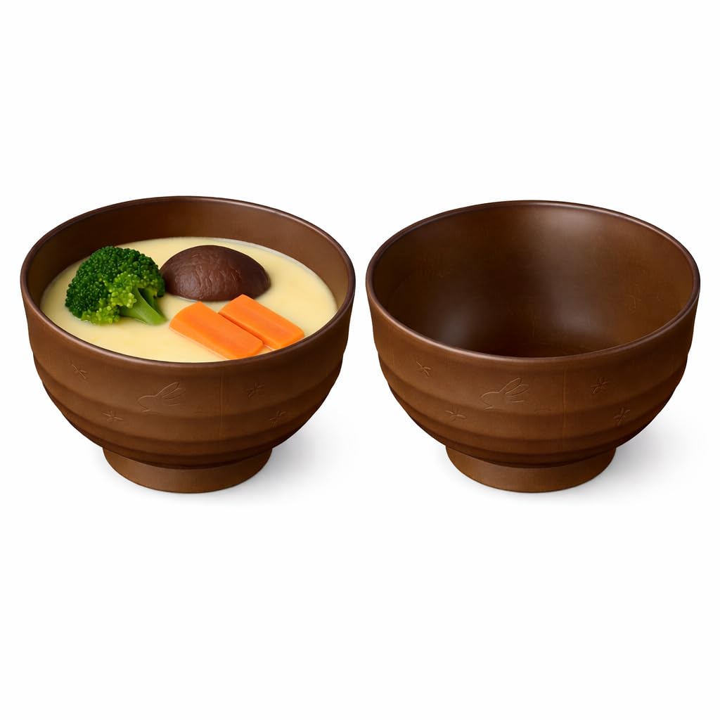 Japanese Soup Bowls Made in Japan, 4-Pack – Traditional Miso & Rice Bowls, Microwave & Dishwasher Safe, BPA-Free Resin, Brown Rabbit