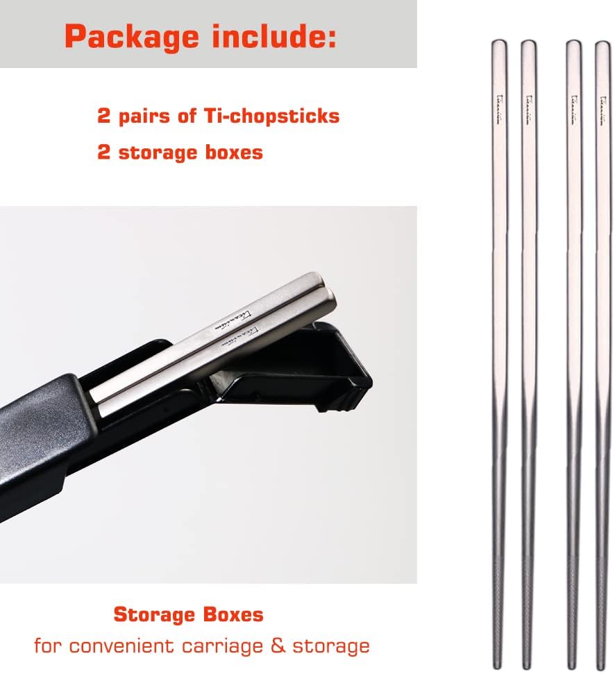 Titanium Chopsticks with Case, XBD Gears 2 Pairs of 9 Inches Square Chopstick Set Dishwasher Safe Reusable for Home & Travel (2-Pair Chopsticks)