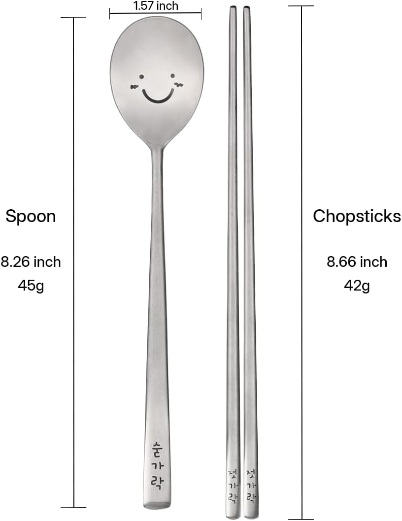 Korean Smile Spoon and Chopsticks Set, Stainless Steel, Hangul Engraved