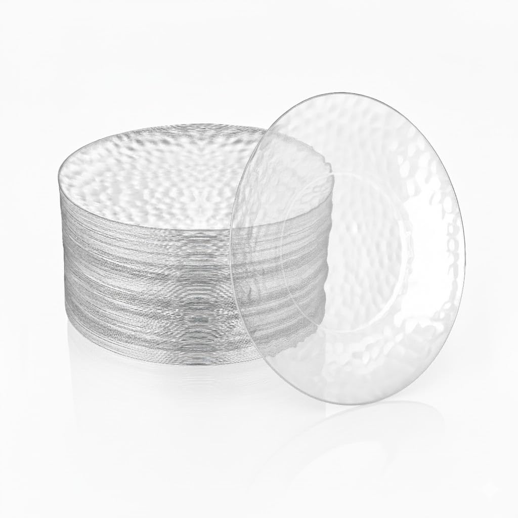 R-kay 100 Pack 7 Inch Clear Plastic Plates - Hammered Gold Rimmed Sturdy, Durable And Extra Heavy duty Gold Plastic Dessert, Appetizer Plates Disposable For All Occasions