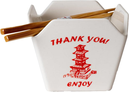 Urban Tokyo Chinese Takeout Box Style Porcelain Bowl With Chopsticks 18 fl oz Square Shape Rice Noodles Pasta To Go Box Shaped Bowl Microwave Dishwasher Safe (Classic Pagoda)