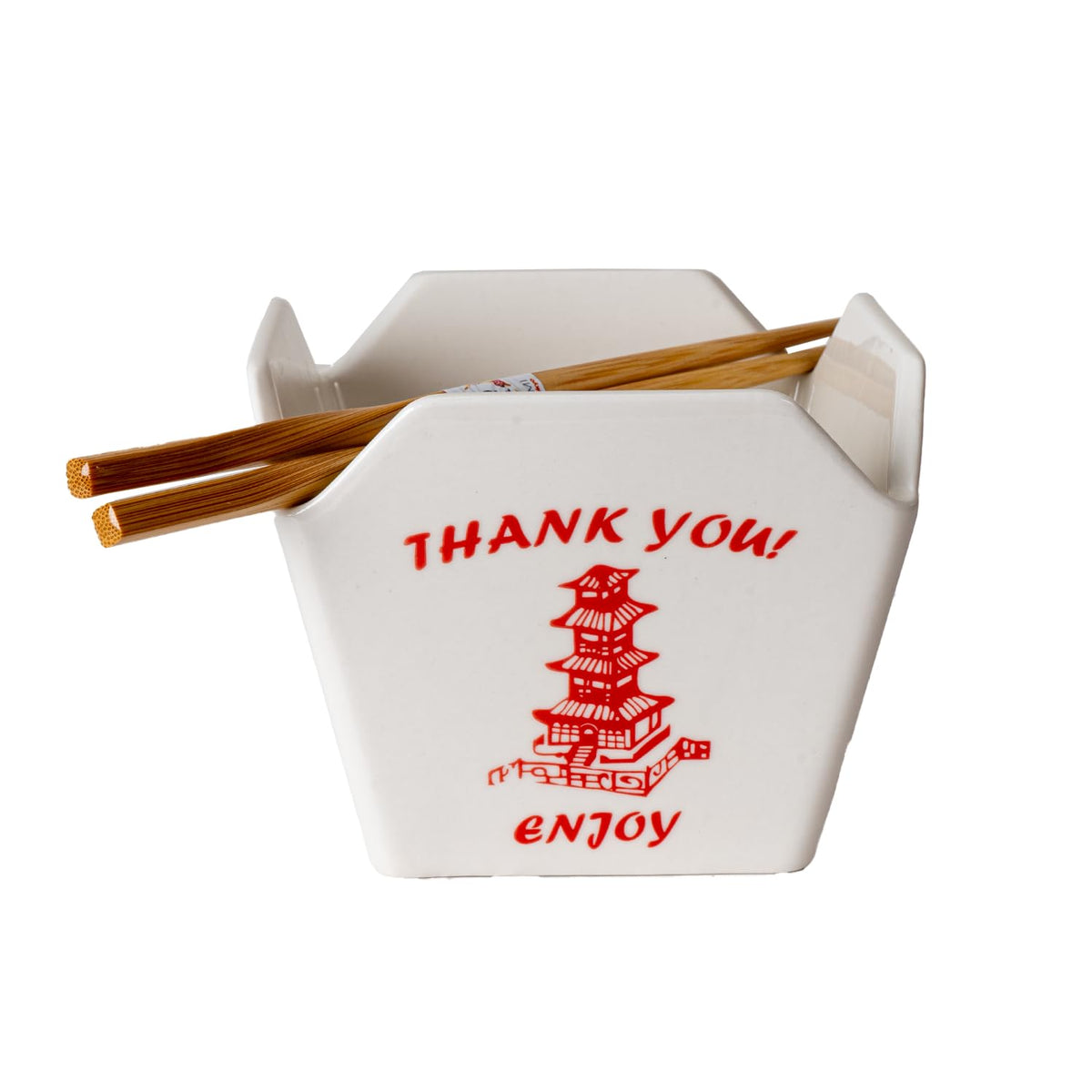 Urban Tokyo Chinese Takeout Box Style Porcelain Bowl With Chopsticks 18 fl oz Square Shape Rice Noodles Pasta To Go Box Shaped Bowl Microwave Dishwasher Safe (Classic Pagoda)