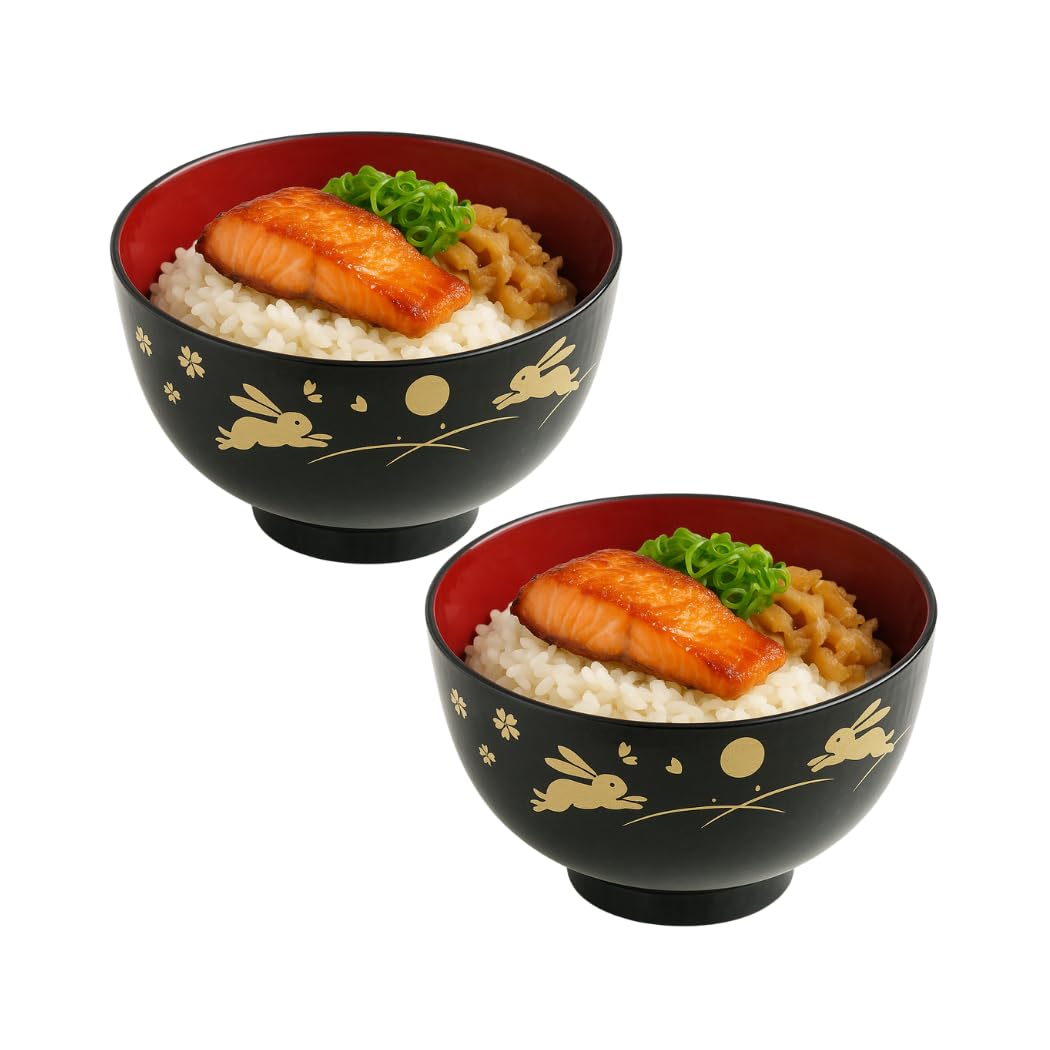 JapanBargain 2989 Japanese Plastic Soup Bowls, Bunny and Moon Pattern, 4.25-Inch Rice & Cereal Bowls, Lacquer Finish, Made in Japan, 4 Pack