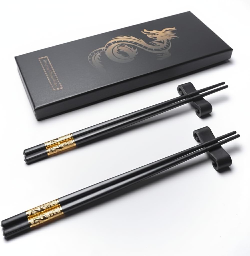 Youda Golden Dragon Chopsticks Set-Premium Alloy Metal Reusable Chopsticks with Holder & Gift Bag, Traditional Chinese & Japanese Style Design, Dishwasher Safe, Elegant Gift Box (2 Pairs)