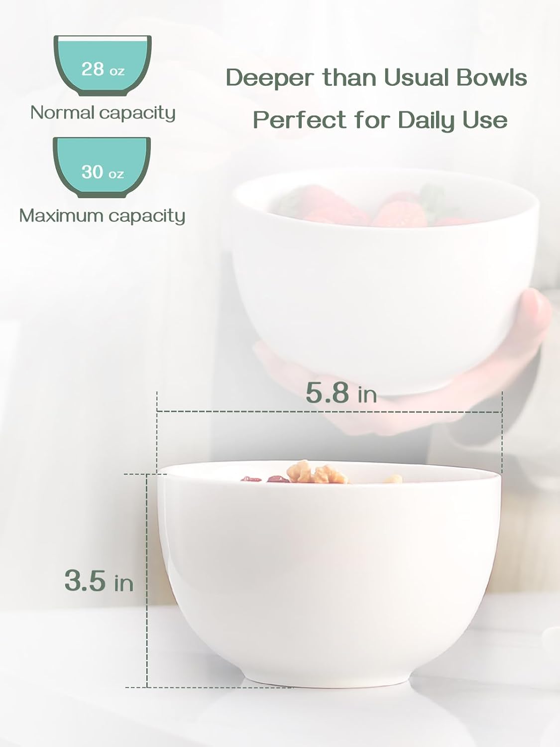 DOWAN Deep Bowls, 30oz Large Soup Bowls, Ceramic Cereal Bowls Set of 4