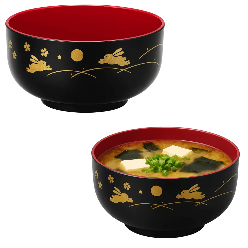 JapanBargain 2989 Japanese Plastic Soup Bowls, Bunny and Moon Pattern, 4.25-Inch Rice & Cereal Bowls, Lacquer Finish, Made in Japan, 4 Pack