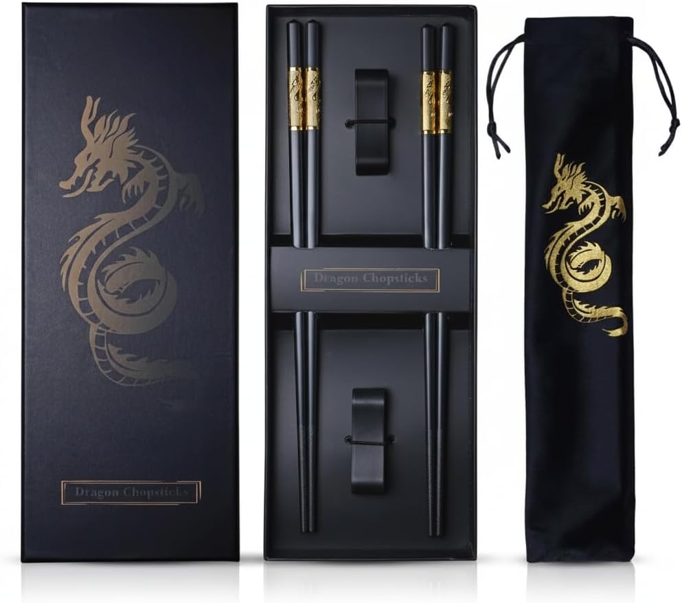 Youda Golden Dragon Chopsticks Set-Premium Alloy Metal Reusable Chopsticks with Holder & Gift Bag, Traditional Chinese & Japanese Style Design, Dishwasher Safe, Elegant Gift Box (2 Pairs)