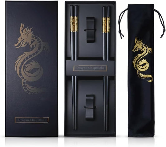 Youda Golden Dragon Chopsticks Set-Premium Alloy Metal Reusable Chopsticks with Holder & Gift Bag, Traditional Chinese & Japanese Style Design, Dishwasher Safe, Elegant Gift Box (2 Pairs)