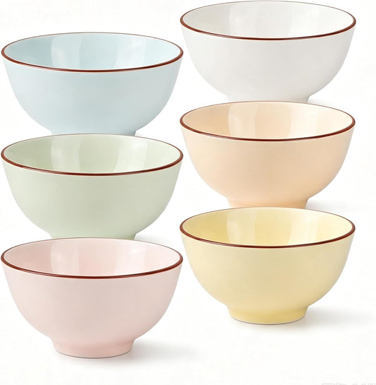 Ceramic Dessert Bowl Set of 6 - Small Porcelain Bowls for Rice, Snack, Ice Cream - Microwave and Dishwasher Safe - Assorted Candy Hue - 4.7 Inch - 10 OZ