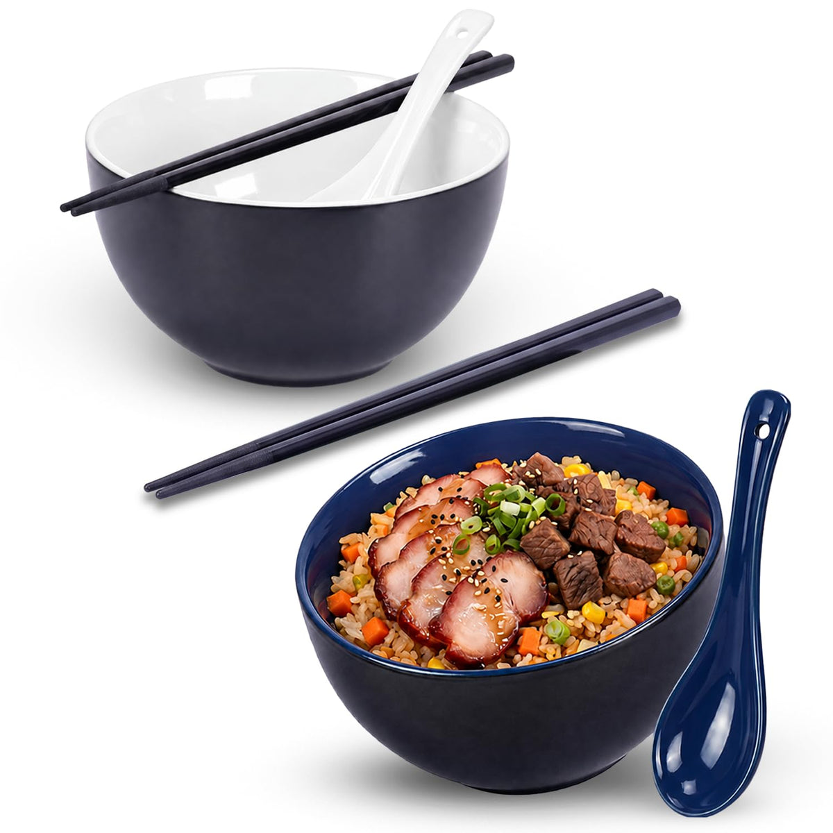 Rice Bowl Set of 2 with Chopsticks and Spoons, 5.4" Black and Green, 25 oz
