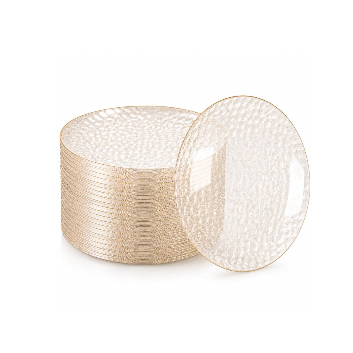 R-kay 100 Pack 7 Inch Clear Plastic Plates - Hammered Gold Rimmed Sturdy, Durable And Extra Heavy duty Gold Plastic Dessert, Appetizer Plates Disposable For All Occasions