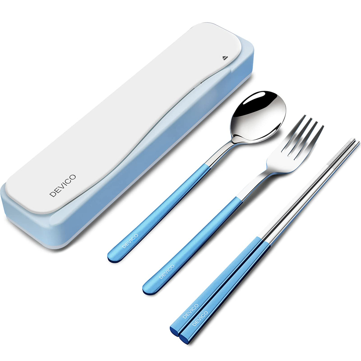 DEVICO Travel Utensils with Case, 4Pcs Portable Silverware Set for Work, 18/8 Stainless Steel Reusable Cutlery, Korean Spoon and Chopsticks Fork for Camping, School, Lunch Box Accessories (Black)