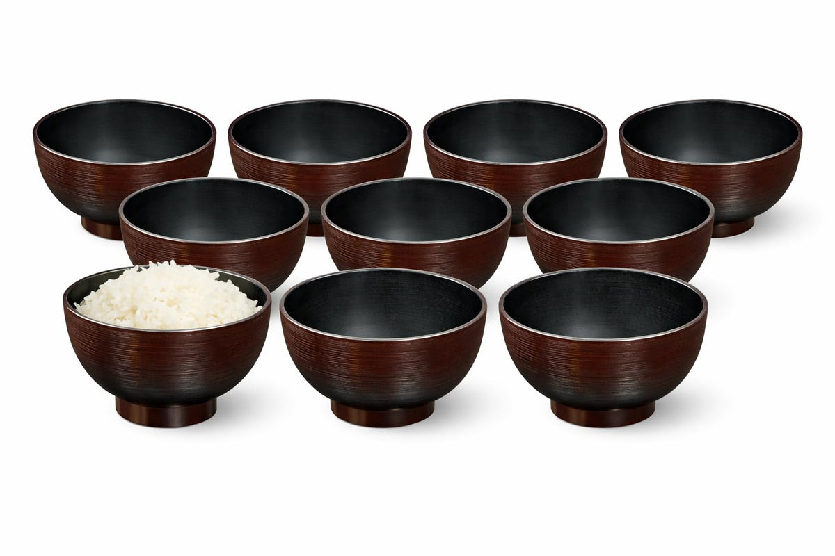 Japanese Soup Bowls Made in Japan, 4-Pack – Traditional Miso & Rice Bowls, Microwave & Dishwasher Safe, BPA-Free Resin, Brown Rabbit