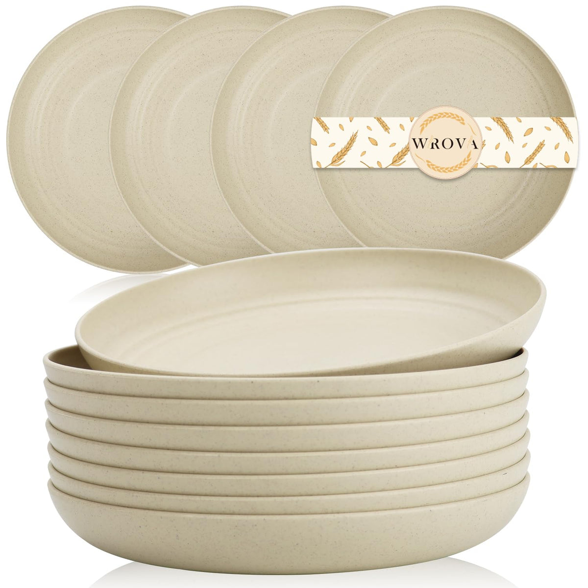 Wrova Large Wheat Straw Dinner Plates - 11 Inch Unbreakable Set of 8 - Dishwasher & Microwave Safe, Deep Edge for Kitchen and Camping (Black)
