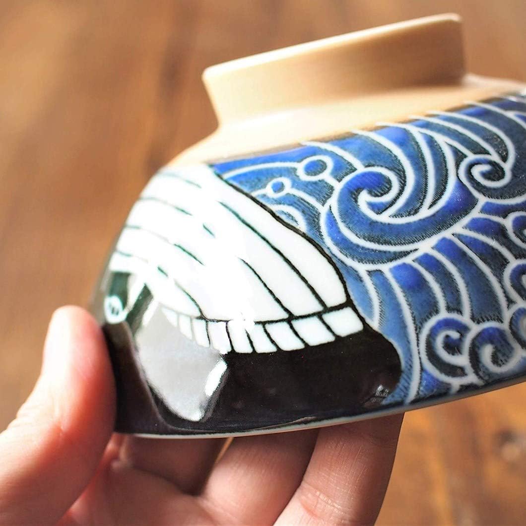 Minorutouki Rice Bowl Extra Large White Wave Whale Blue φ5.8×H2.6in 7.76oz Made in Japan