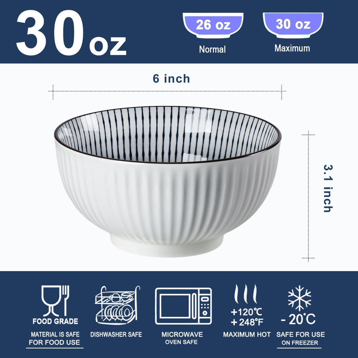 Houlu ceramic rice bowl 30 oz, Japanese bowl set, various tableware for grains, soups, desserts, snacks, fruits, Pack of 6